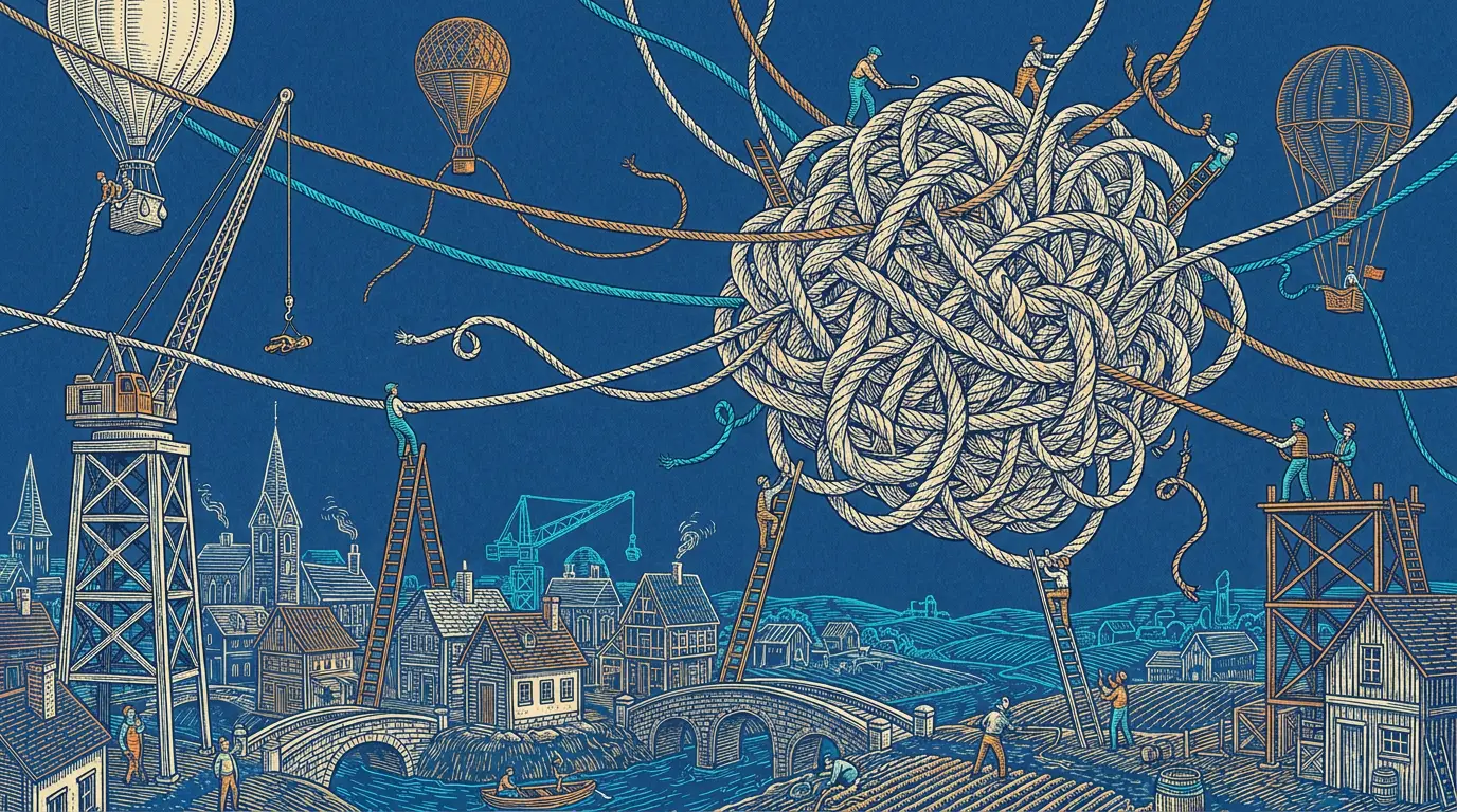 Engraving-style illustration in deep blue: a giant tangled knot of rope hangs over a small town while tiny workers on ladders, cranes, scaffolds and hot-air balloons pull at single strands.